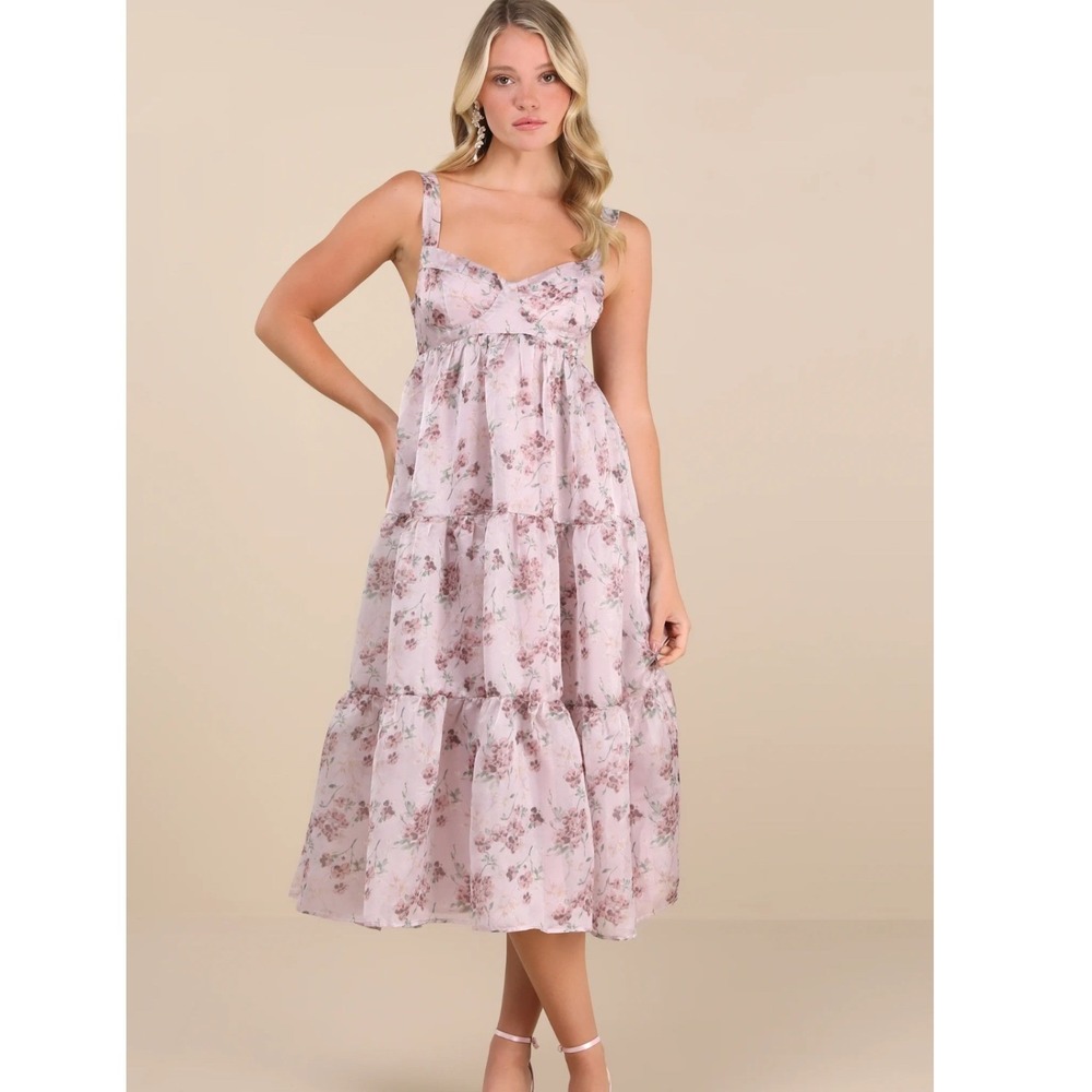 Lulus Marvelously Darling Mauve Floral Organza Tiered Backless Midi Dress NWT S
